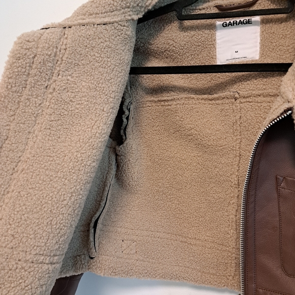 Garage Cropped Aviator Jacket Sherpa Lined Coat Brown Faux Leather Women's Sz M - Picture 14 of 16